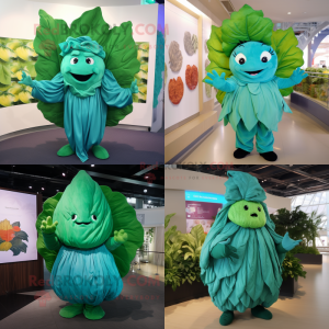 Teal Cabbage leaf mascot costume character dressed with Cover-up and Gloves