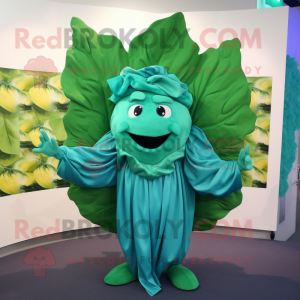 Teal Cabbage leaf mascot costume character dressed with Cover-up and Gloves