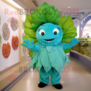 Teal Cabbage leaf mascot costume character dressed with Cover-up and Gloves