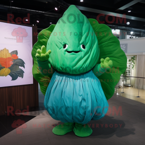 Teal Cabbage leaf mascot costume character dressed with Cover-up and Gloves
