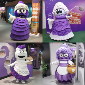 Purple Ramen mascot costume character dressed with Wedding Dress and Handbags