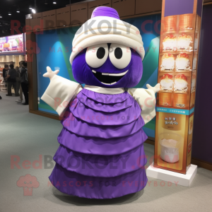 Purple Ramen mascot costume character dressed with Wedding Dress and Handbags