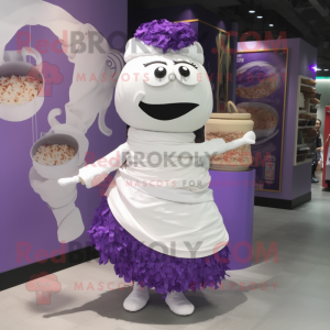 Purple Ramen mascot costume character dressed with Wedding Dress and Handbags