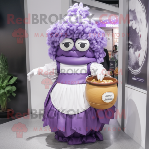 Purple Ramen mascot costume character dressed with Wedding Dress and Handbags