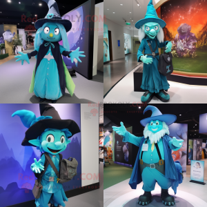 Cyan witch mascot costume character dressed with Waistcoat and Backpacks