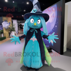 Cyan witch mascot costume character dressed with Waistcoat and Backpacks