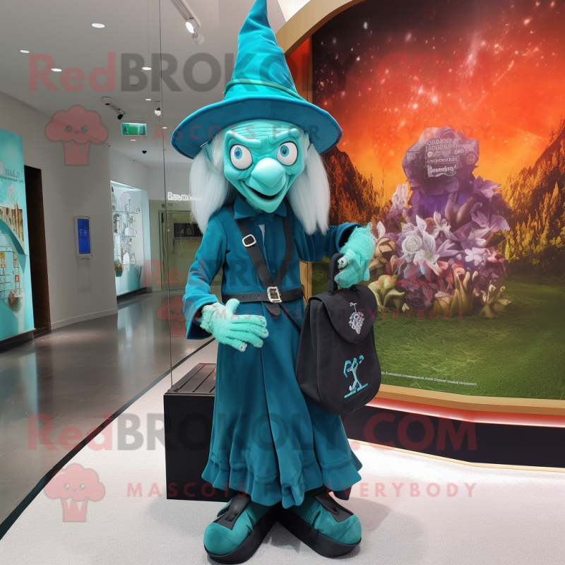 Cyan witch mascot costume character dressed with Waistcoat and Backpacks