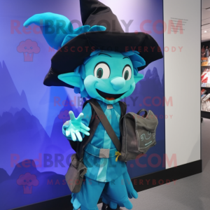 Cyan witch mascot costume character dressed with Waistcoat and Backpacks