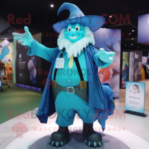 Cyan witch mascot costume character dressed with Waistcoat and Backpacks