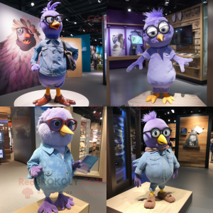 Purple Dove mascot costume character dressed with Denim Shorts and Eyeglasses