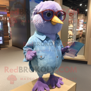 Purple Dove mascot costume character dressed with Denim Shorts and Eyeglasses