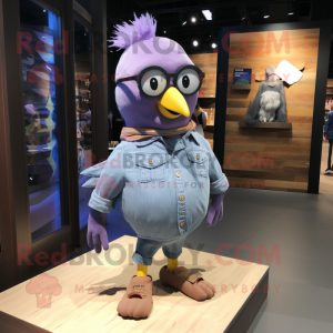 Purple Dove mascot costume character dressed with Denim Shorts and Eyeglasses