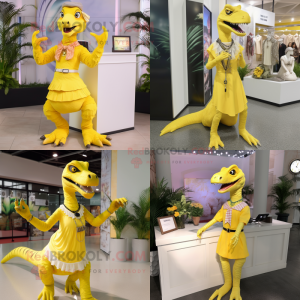 Lemon Yellow Velociraptor mascot costume character dressed with Midi Dress and Necklaces
