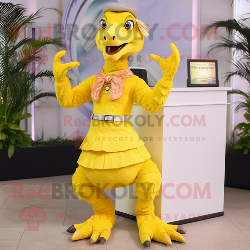 Lemon Yellow Velociraptor mascot costume character dressed with Midi Dress and Necklaces