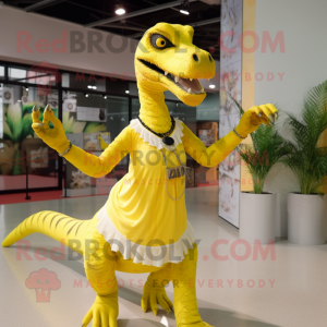 Lemon Yellow Velociraptor mascot costume character dressed with Midi Dress and Necklaces