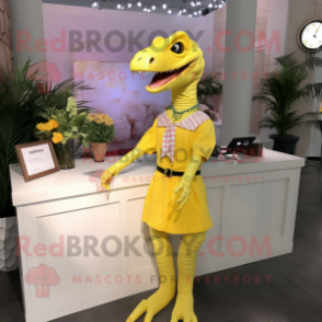 Lemon Yellow Velociraptor mascot costume character dressed with Midi Dress and Necklaces