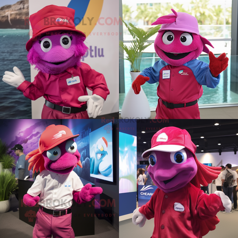 Magenta betta fish mascot costume character dressed with Poplin Shirt and Caps Magenta betta fish mascot costume character dressed with Poplin Shirt and Caps