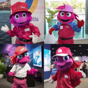 Magenta betta fish mascot costume character dressed with Poplin Shirt and Caps