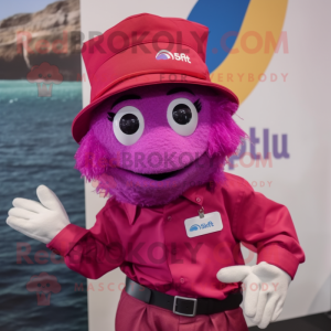 Magenta betta fish mascot costume character dressed with Poplin Shirt and Caps