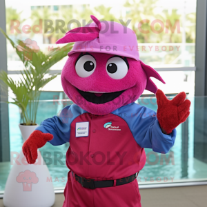 Magenta betta fish mascot costume character dressed with Poplin Shirt and Caps