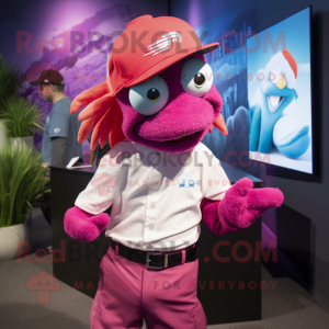 Magenta betta fish mascot costume character dressed with Poplin Shirt and Caps