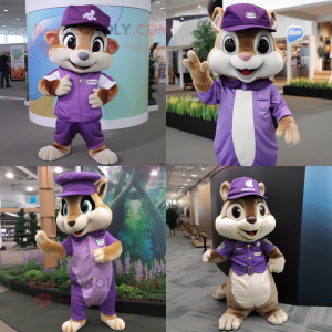 Lavender Chipmunk mascot costume character dressed with Jumpsuit and Hat pins