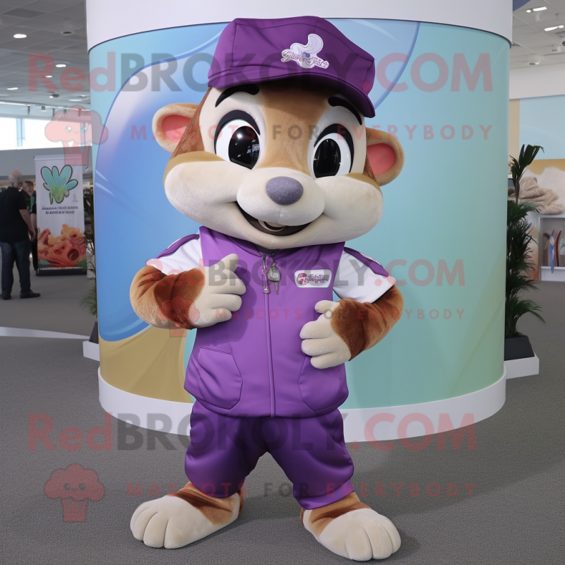 Lavender Chipmunk mascot costume character dressed with Jumpsuit and Hat pins Lavender Chipmunk mascot costume character dressed with Jumpsuit and Hat pins