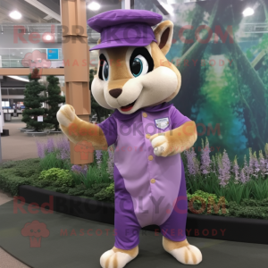 Lavender Chipmunk mascot costume character dressed with Jumpsuit and Hat pins