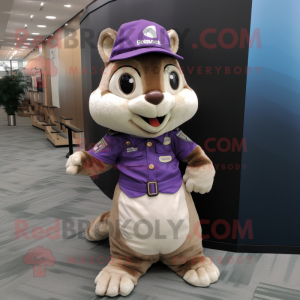 Lavender Chipmunk mascot costume character dressed with Jumpsuit and Hat pins