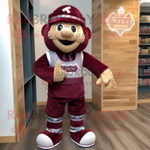Maroon celtic cross mascot costume character dressed with Jeans and Shoe laces