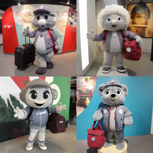 Gray Raspberry mascot costume character dressed with Bomber Jacket and Tote bags