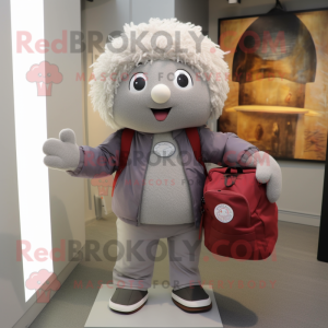 Gray Raspberry mascot costume character dressed with Bomber Jacket and Tote bags