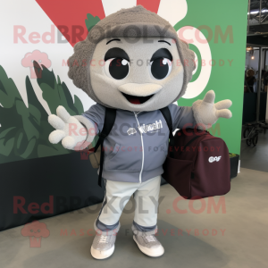 Gray Raspberry mascot costume character dressed with Bomber Jacket and Tote bags