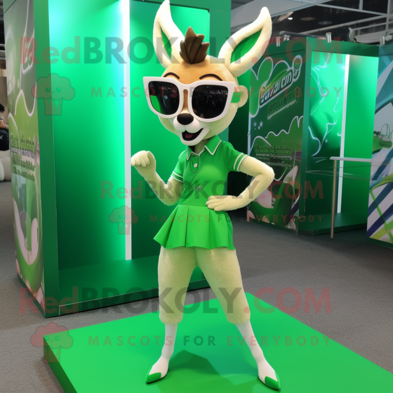 Green Gazelle mascot costume character dressed with Mini Skirt and Sunglasses