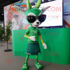 Green Gazelle mascot costume character dressed with Mini Skirt and Sunglasses