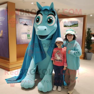 Teal Mare mascot costume character dressed with Mom Jeans and Shawls