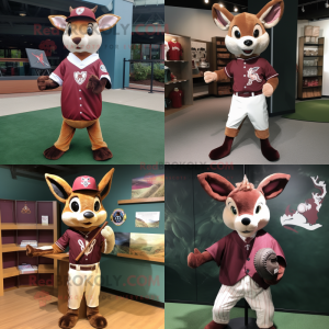 Maroon roe deer mascot costume character dressed with Baseball Tee and Shawl pins