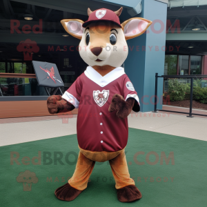 Maroon roe deer mascot costume character dressed with Baseball Tee and Shawl pins
