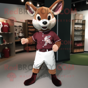 Maroon roe deer mascot costume character dressed with Baseball Tee and Shawl pins