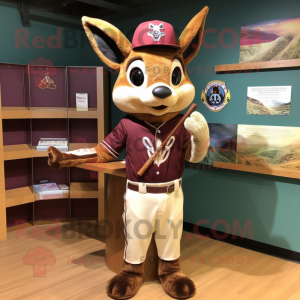 Maroon roe deer mascot costume character dressed with Baseball Tee and Shawl pins