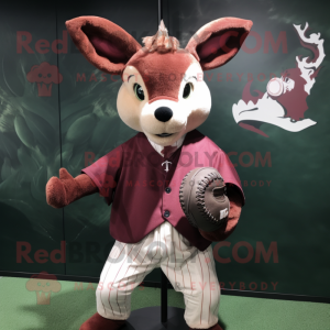 Maroon roe deer mascot costume character dressed with Baseball Tee and Shawl pins