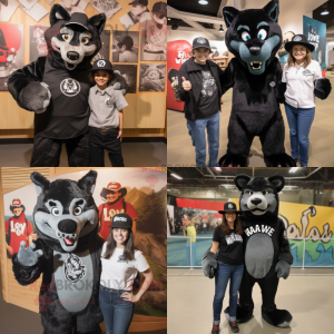 Black say wolf mascot costume character dressed with Mom Jeans and Hats