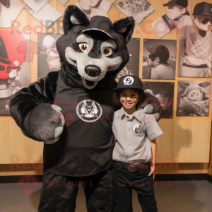 Black say wolf mascot costume character dressed with Mom Jeans and Hats