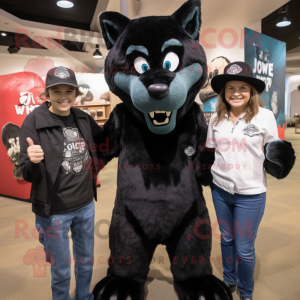 Black say wolf mascot costume character dressed with Mom Jeans and Hats