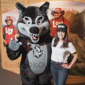 Black say wolf mascot costume character dressed with Mom Jeans and Hats