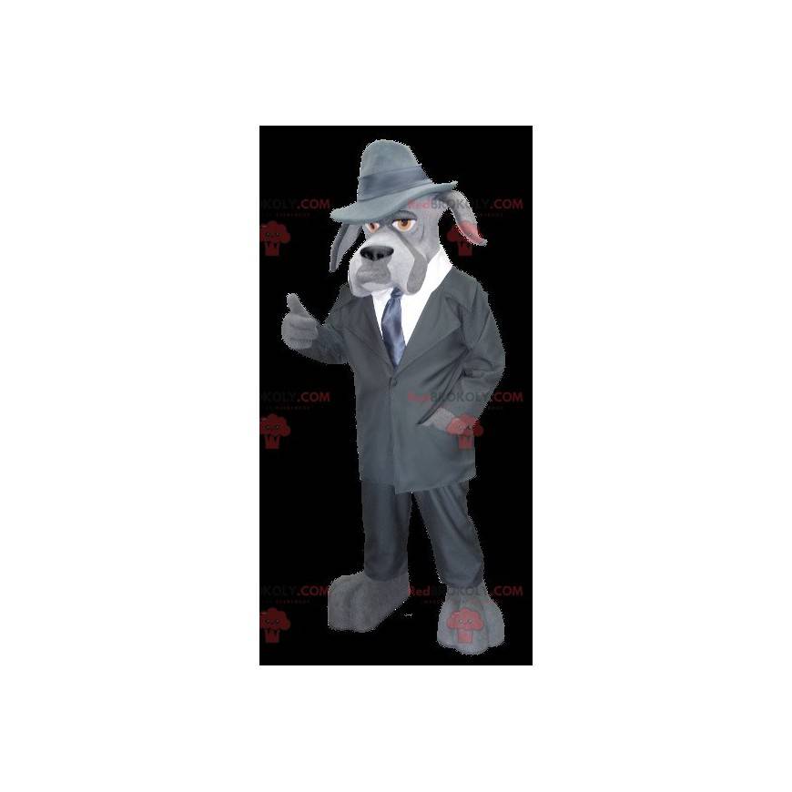 Mascote de cachorro cinza vestido de investigador particular -