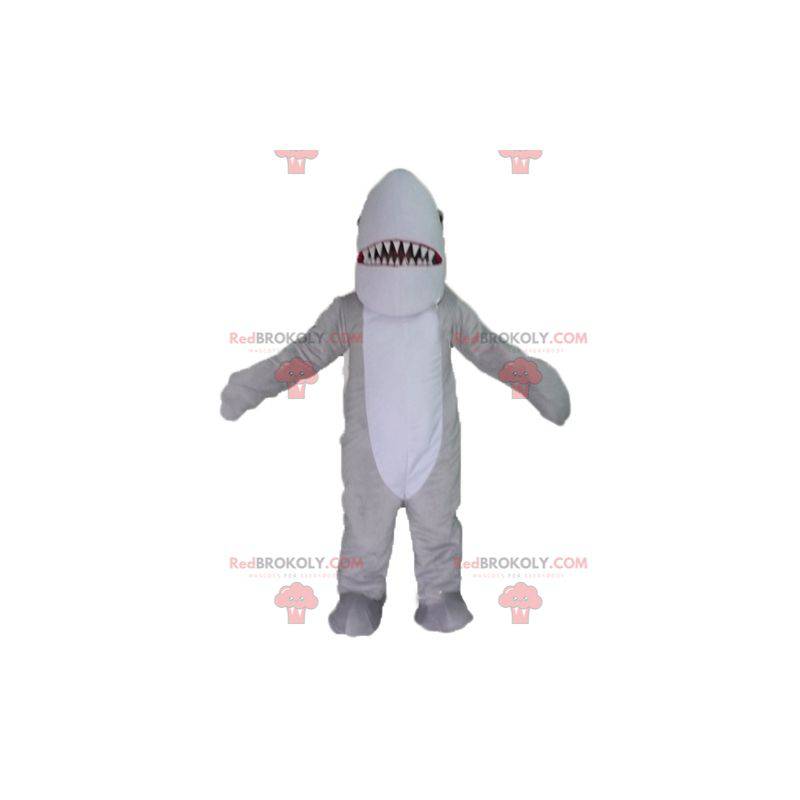 Mascote tubarão cinza e branco realista e impressionante -