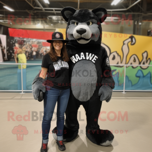 Black say wolf mascot costume character dressed with Mom Jeans and Hats