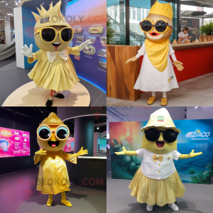 Gold Ceviche mascot costume character dressed with Skirt and Sunglasses