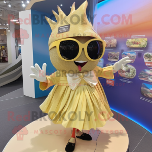 Gold Ceviche mascot costume character dressed with Skirt and Sunglasses